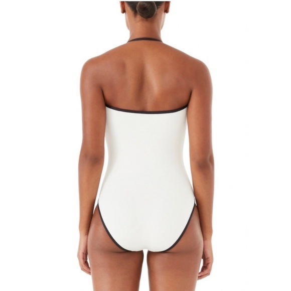Kate Spade Texture Classic Bandeau Swimsuit with signature spade buttons - Picture 2 of 8